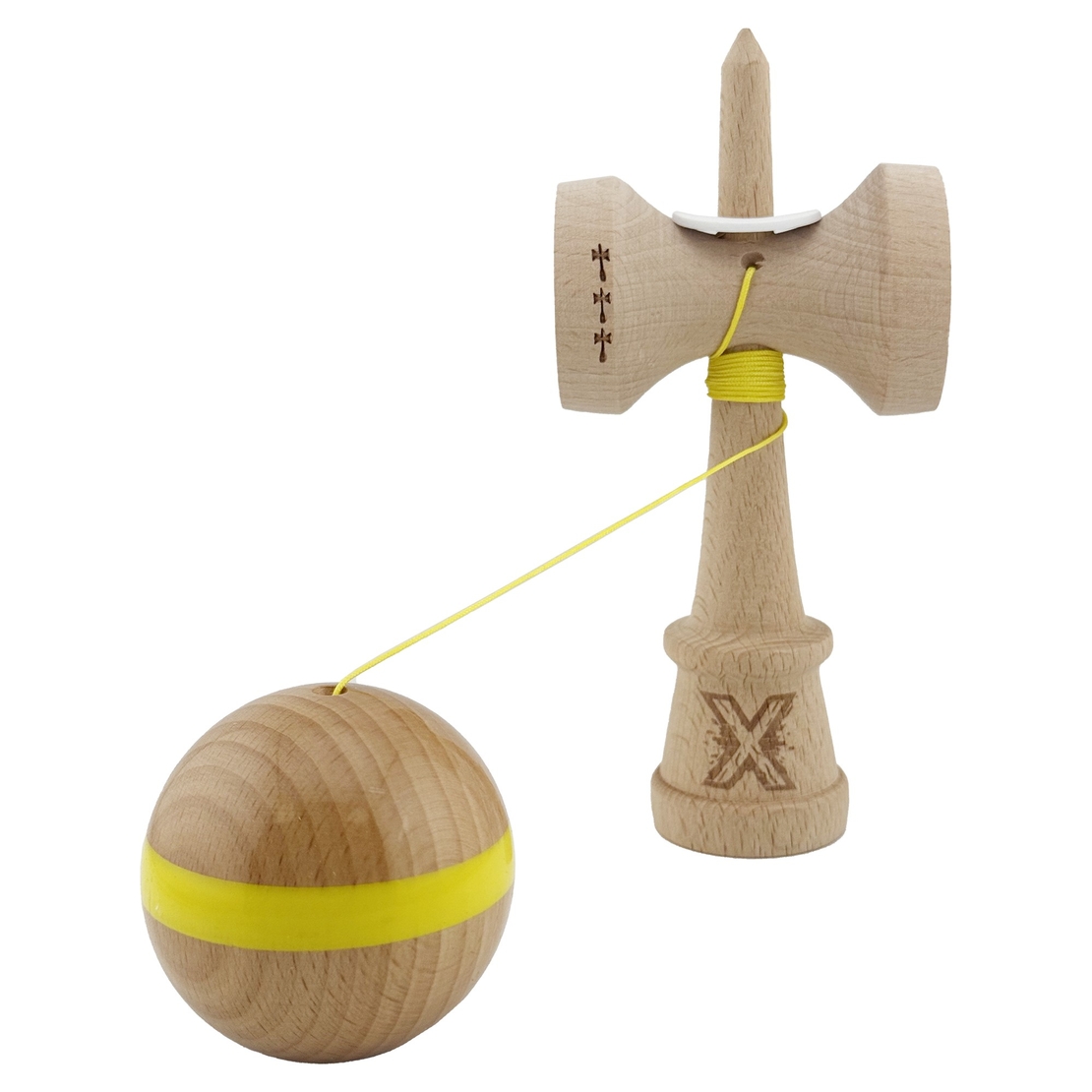 Kendama X Originala, Profesionala, Flippy, Super Sticky, Cupe Mari KING SIZE V3, Gaura in Baza, Rulment Metalic, din lemn 18 cm, Ata 62/65 cm, Original Galben