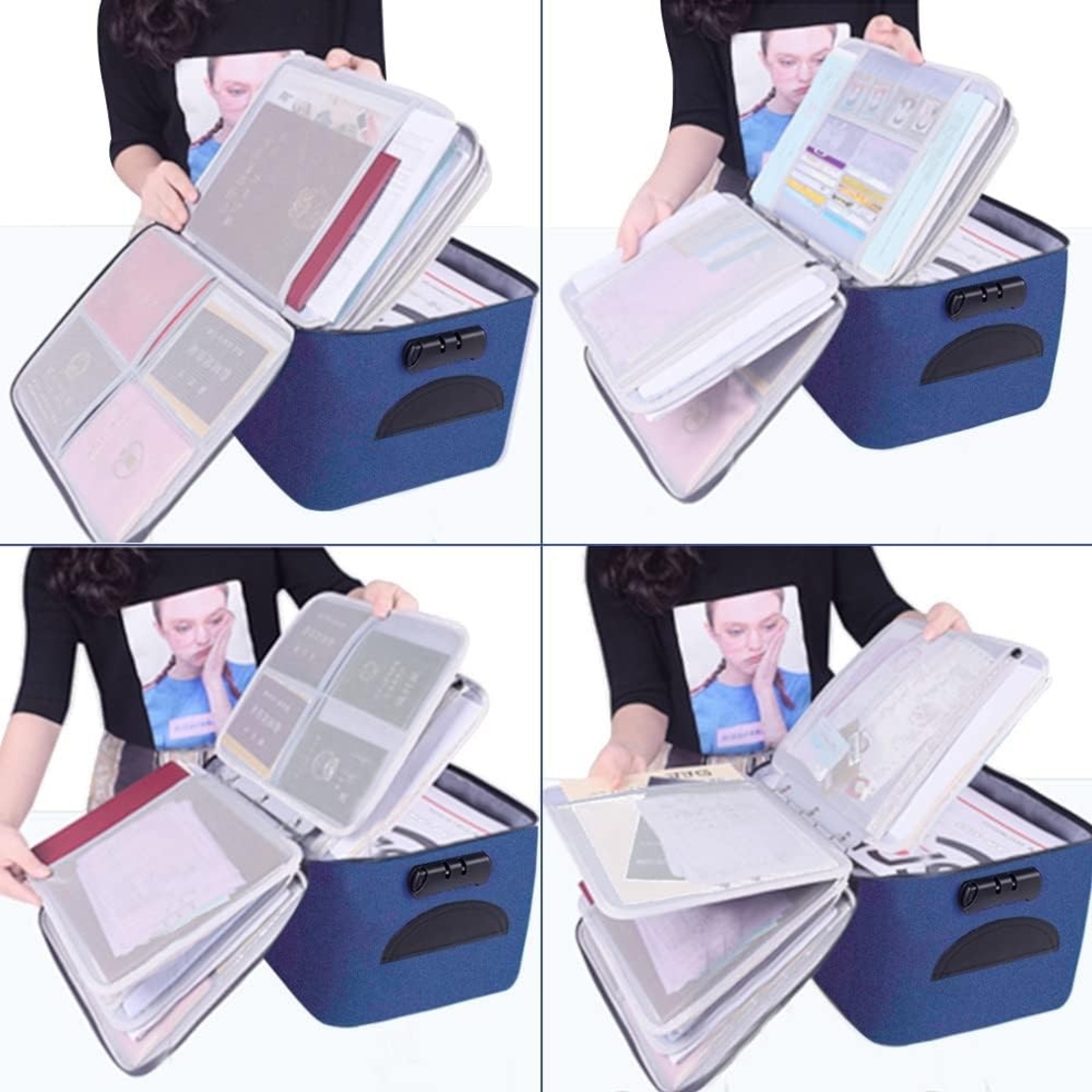 Geanta Flippy pentru Depozitare Acte si Documente, Facturi, Carduri, cu Cod de Securitate, 5 Compartimente, Impermeabila, 37 x 20 x 27 cm, Albastru