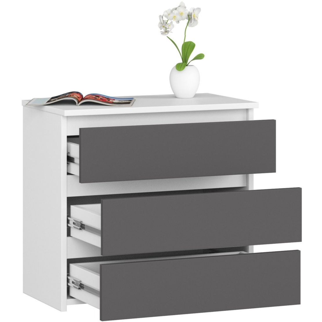 Noptiera cu 3 sertare, PAL laminat 16 mm, 60x35x57 cm, alb si gri