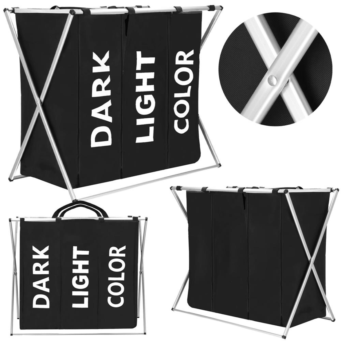 Cos de rufe cu 3 compartimente, cadru aluminiu, 68x40x60cm, 146 litri, negru