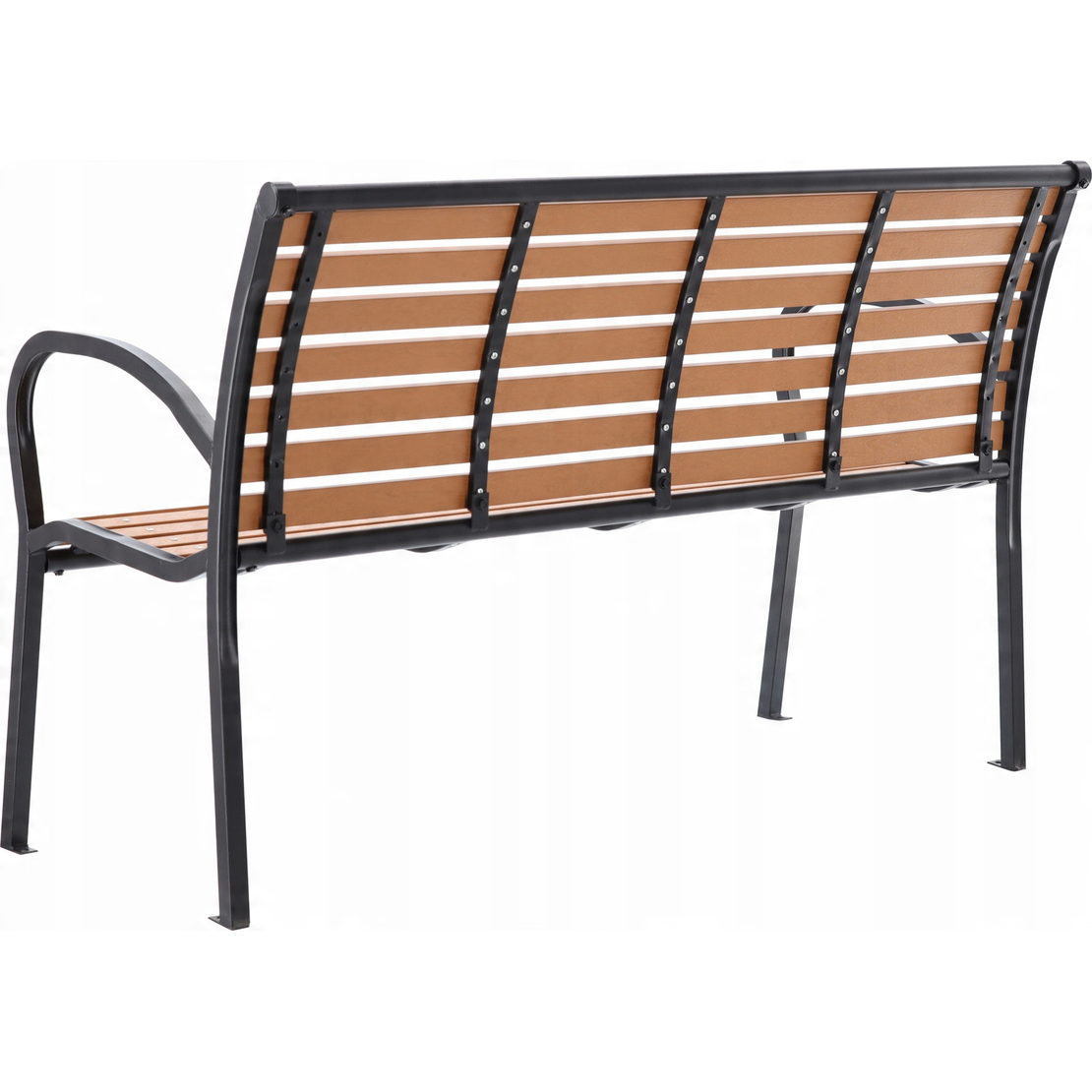Banca de gradina cu cadru metalic, sezut si spatar rezistent din PVC imitatie lemn, 125x60x80 cm, maro