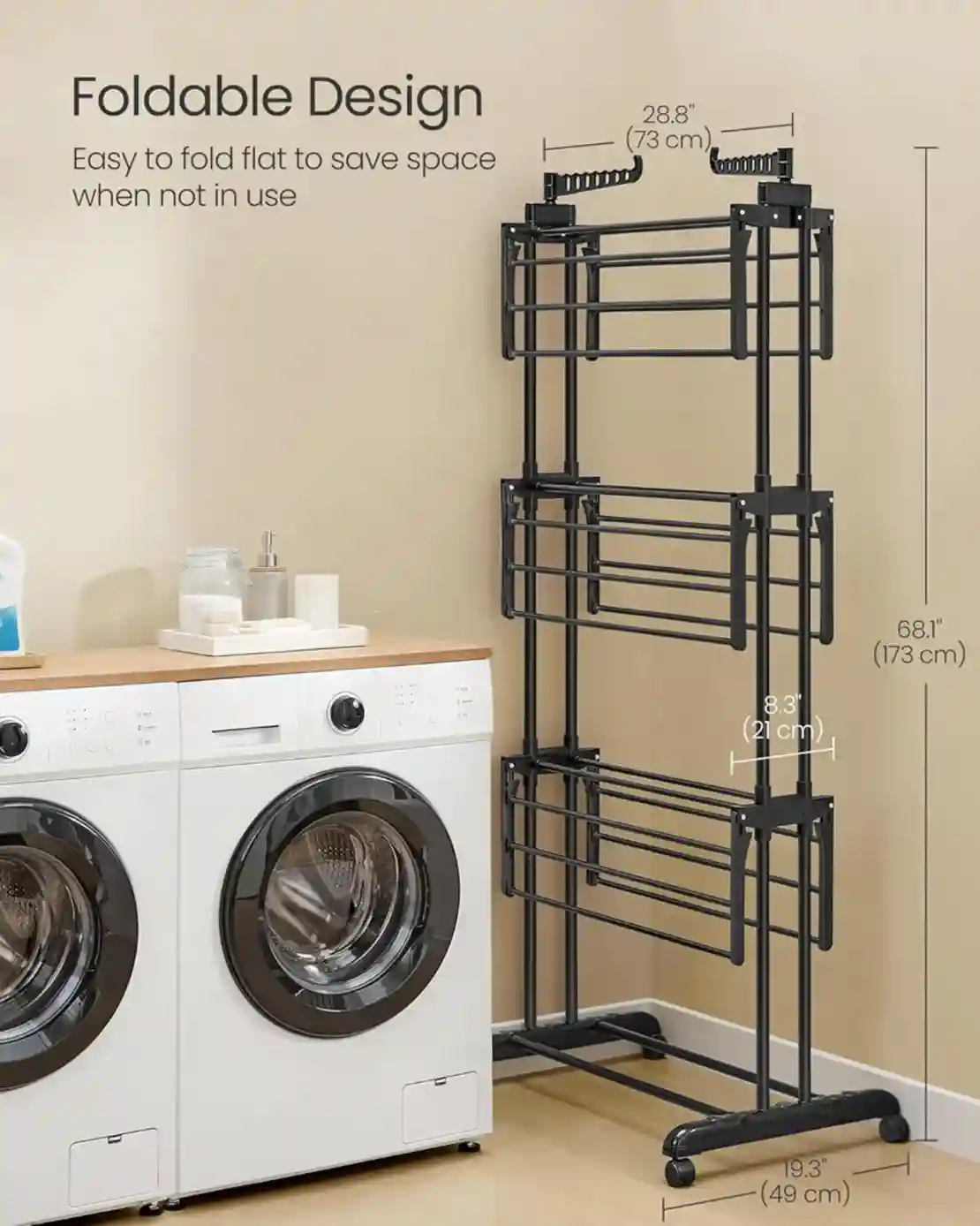 SONGMICS Uscator rufe pliabil cu roti, cu 4 niveluri, din inox si plastic, 2 umerase, 128x64x173 cm, negru