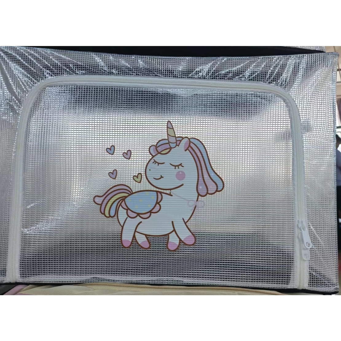 Cutie de Depozitare, Flippy, pentru Camera Copiilor, 100L, din PVC, Model Unicorn, 60 x 42 x 40 cm, Transparent