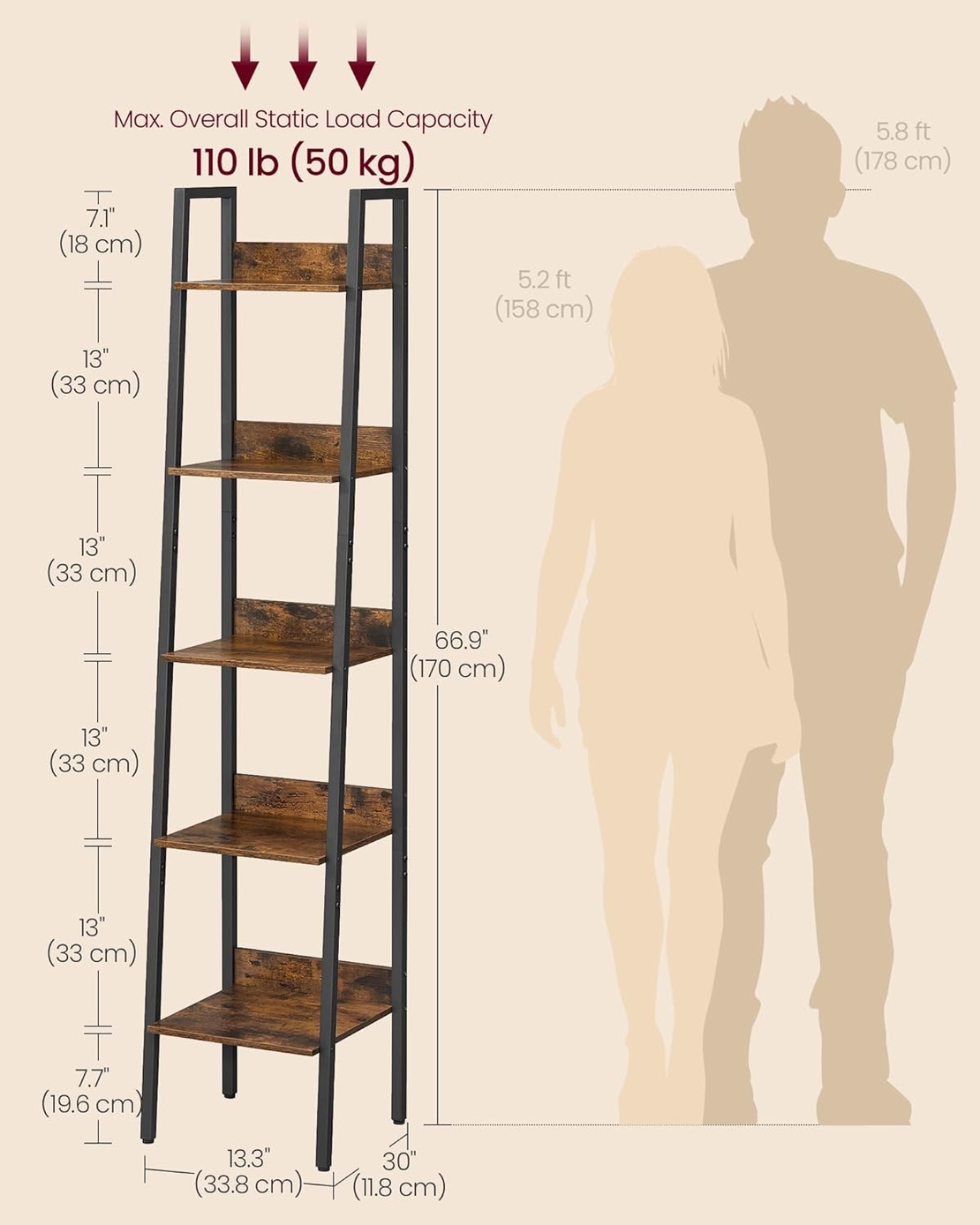 VASAGLE Biblioteca tip scara cu 5 rafturi, design industrial, cadru metalic si rafturi din PAL, 34x30x170 cm, maro rustic