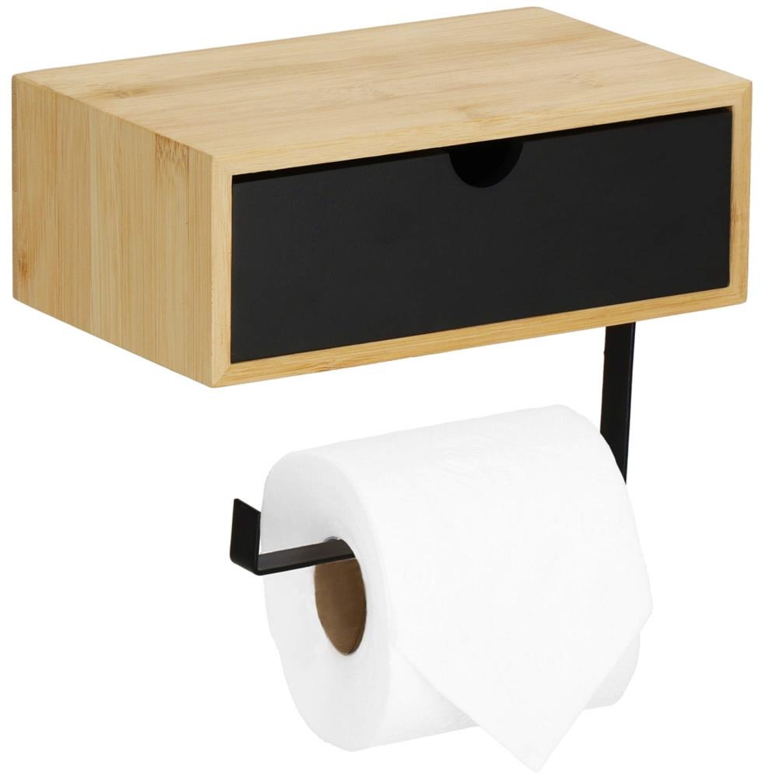 Suport hartie igienica din otel cu sertar depozitare, sistem montare inclus, 22cm, negru bej