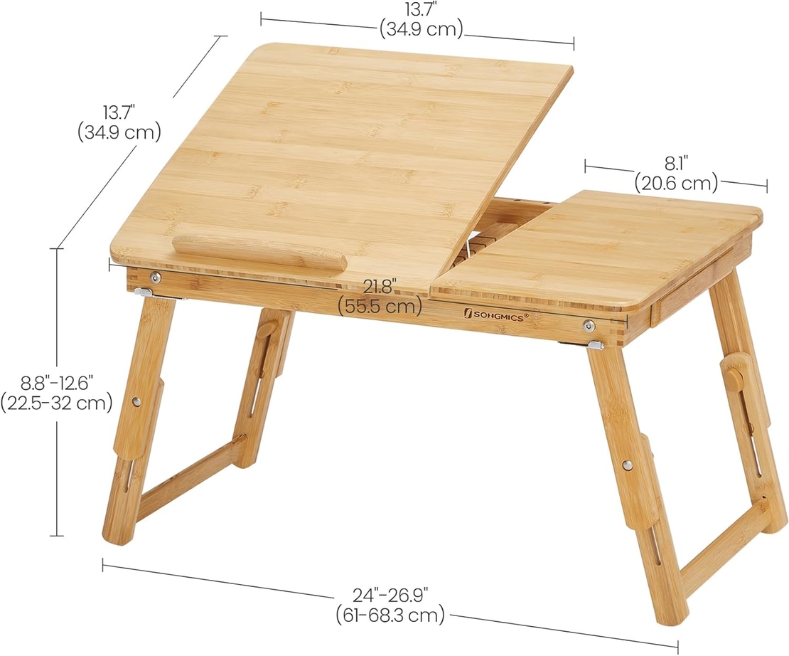 SONGMICS Masuta laptop sau mic dejun, din bambus, reglabila pe inaltime si unghi, cu sertar lateral, 68x35x22-32 cm, natural