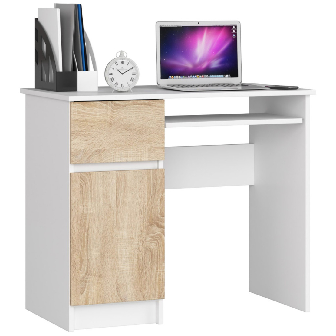 Birou computer PIKSEL, cu sertar, dulap si raft pentru tastatura, stanga, 90x50x77 cm, alb si stejar sonoma