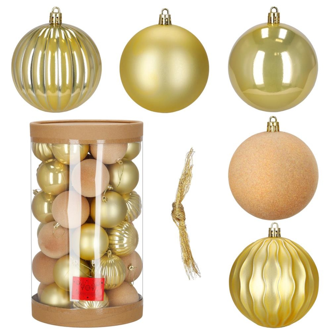 Set globuri decorative, 36 bucati, plastic, 6.5 cm, auriu si ecru
