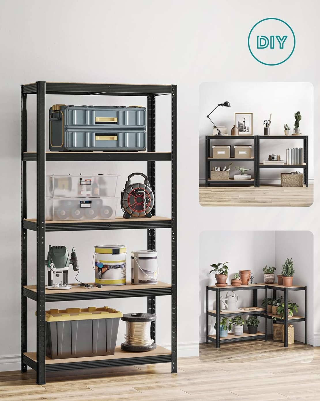 SONGMICS Set 2 rafturi metalice cu 5 niveluri reglabile, din otel si MDF, 90x40x180 cm, sarcina 875 kg, negru