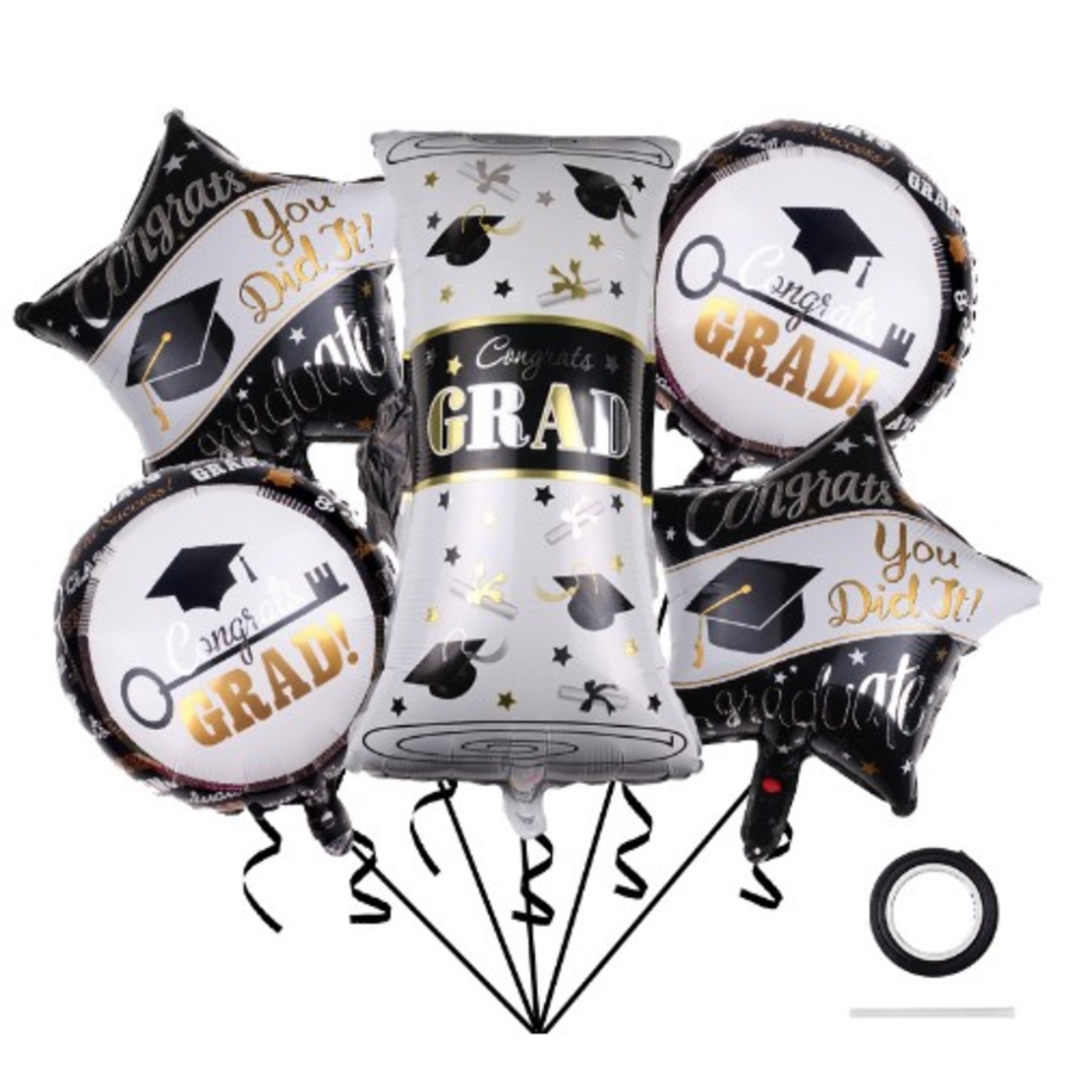 Baloane cu tematica Absolvire, Flippy, set din 5 baloane, 1 Figurina Diploma, 2 stele, 2 rotunde, din folie de aluminiu, 70 x 40 cm, Aer si Heliu, Alb Negru