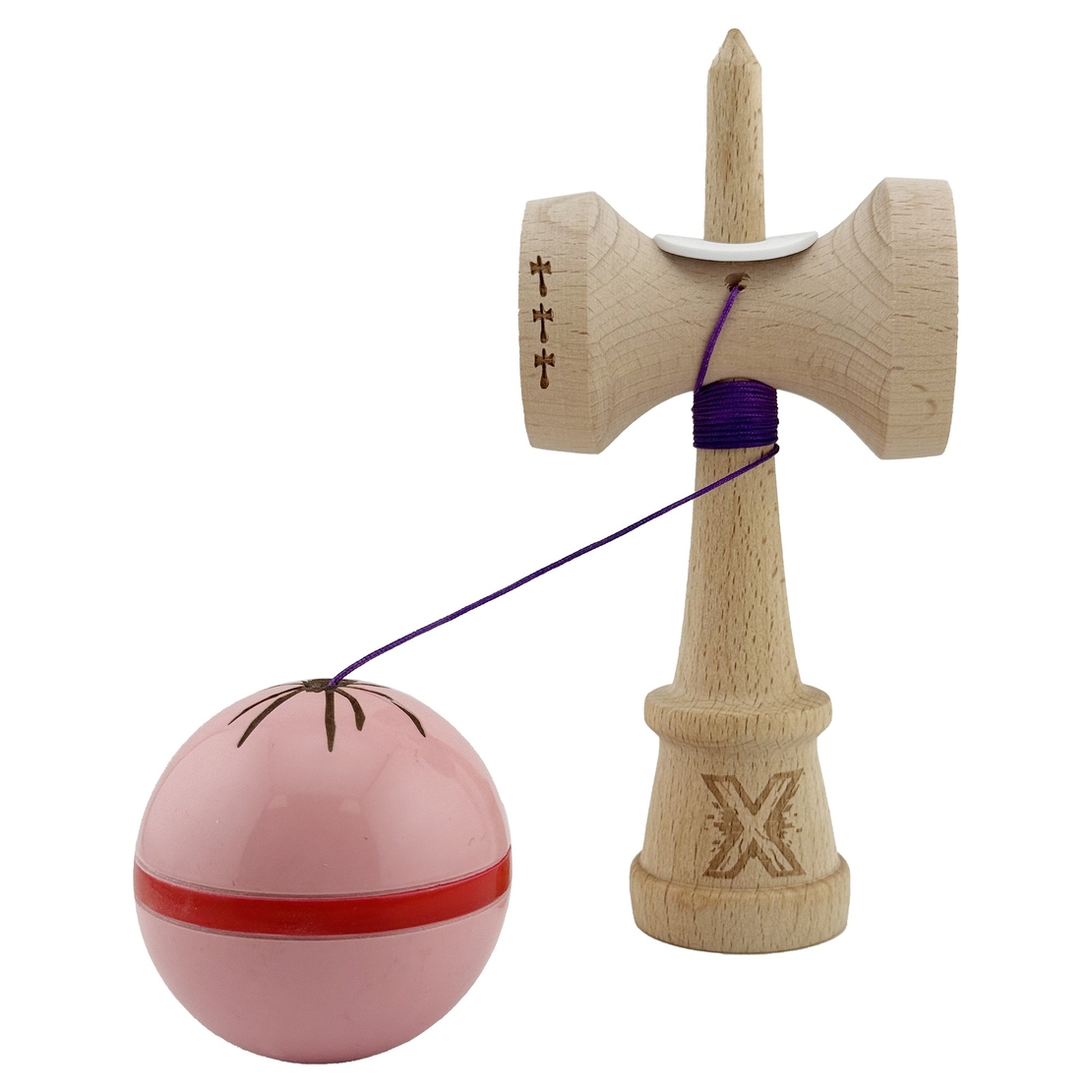 Kendama X Originala Silken, Profesionala, Flippy, Cupe Mari KING SIZE V3, Super Sticky, Gaura in Baza, Rulment Metalic, din lemn 18 cm, Ata 62/65 cm, Roz