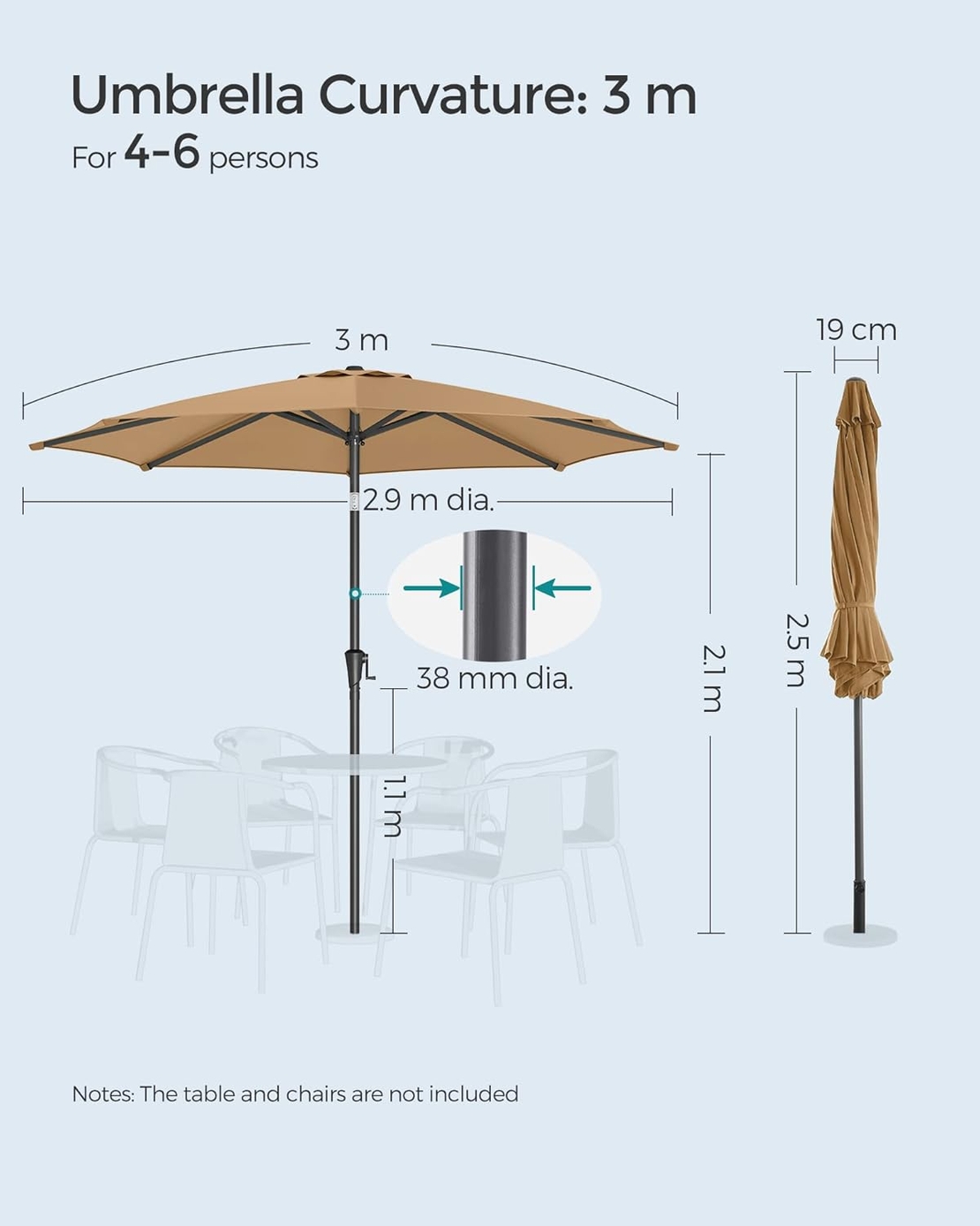 SONGMICS Umbrela de gradina, cu manivela pentru deschidere, sistem inclinare, 300cm, taupe