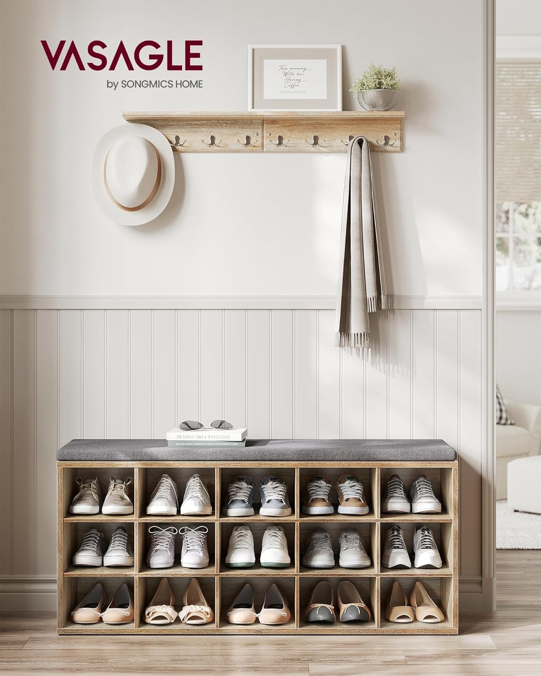 VASAGLE Banca pantofi cu sezut si perna, 15 compartimente deschise, PAL, 105x30x48 cm, gri stejar