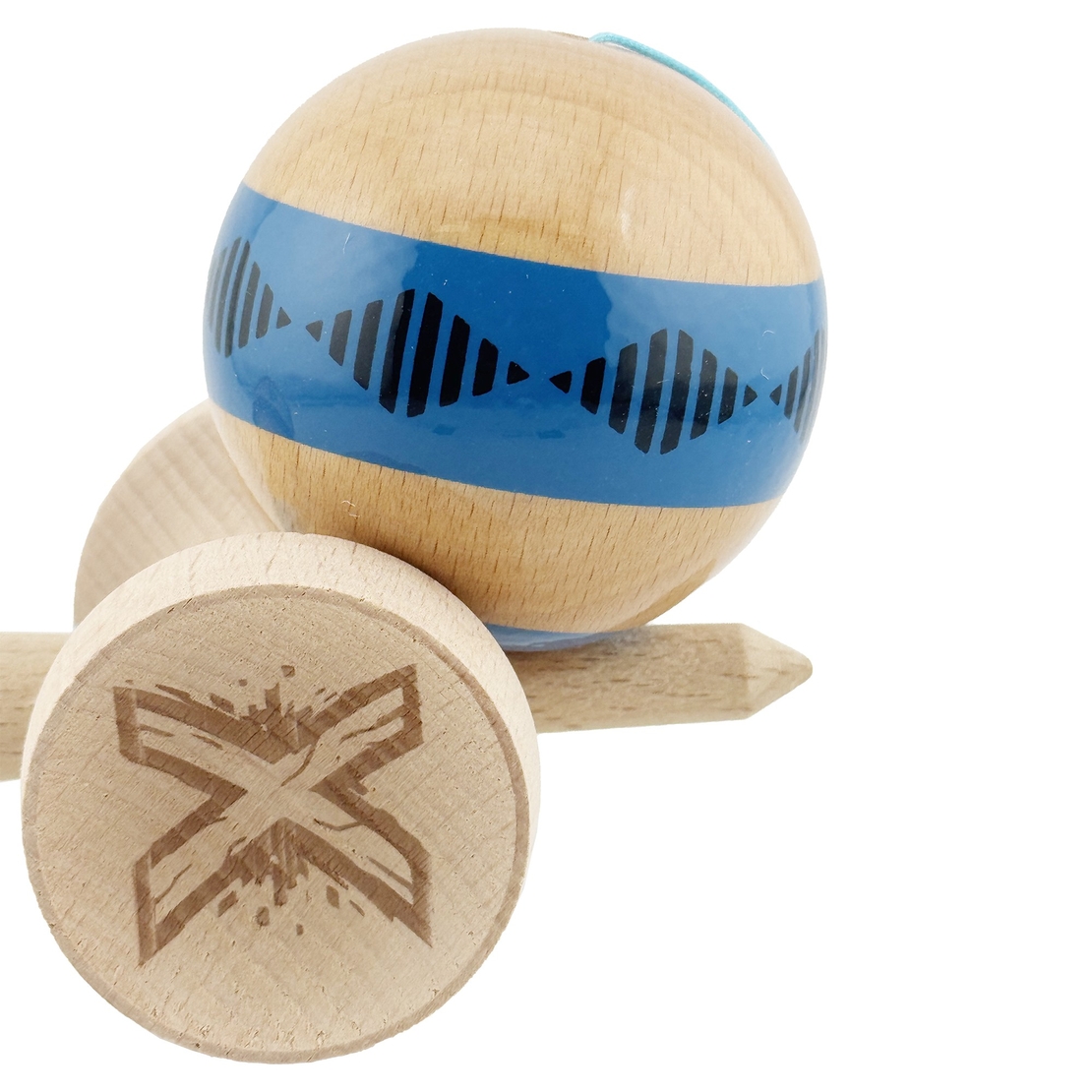 Kendama X Originala FREQUENCY, Profesionala, Flippy, Cupe Mari KING SIZE V3, Super Sticky, Gaura in Baza, Rulment Metalic, din lemn 18 cm, Ata 62/65 cm, Albastru/Maro