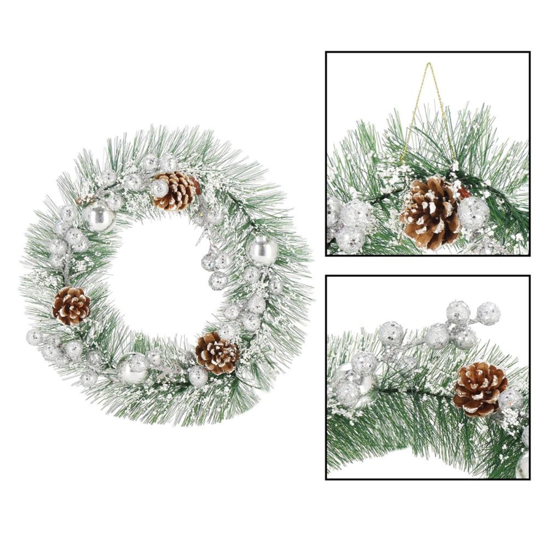 Coronita pentru Craciun, 24 cm, din brad artificial, cu conuri si zapada, verde