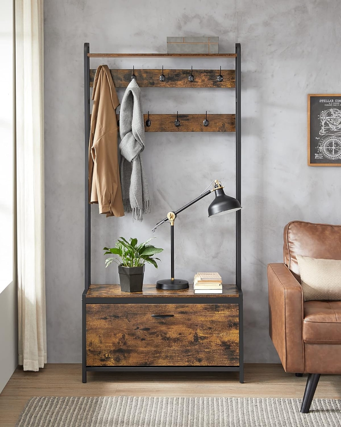 VASAGLE Cuier cu dulap de depozitare pantofi, cadru din otel, stil industrial, 32x85x180cm, maro rustic