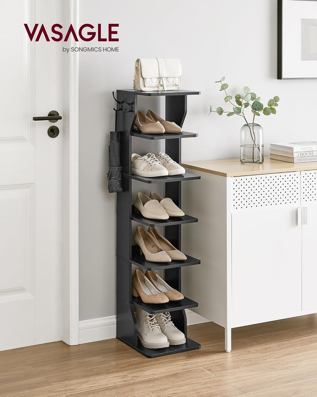 VASAGLE Raft de pantofi, pentru spatii inguste, 6 nivele, 30x26x110 cm, negru