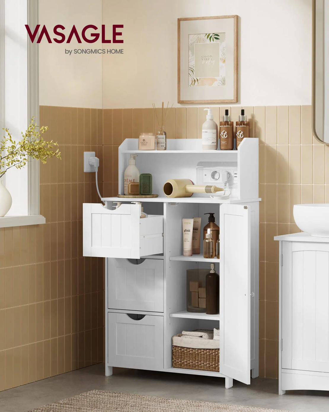 VASAGLE Dulap de baie cu sertare si usa, priza integrata cu USB, rafturi reglabile, MDF, 30x60x100 cm, alb