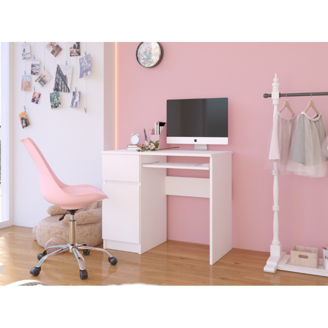 Birou computer PIKSEL, cu sertar, dulap si raft pentru tastatura, stanga, 90x50x77 cm, alb