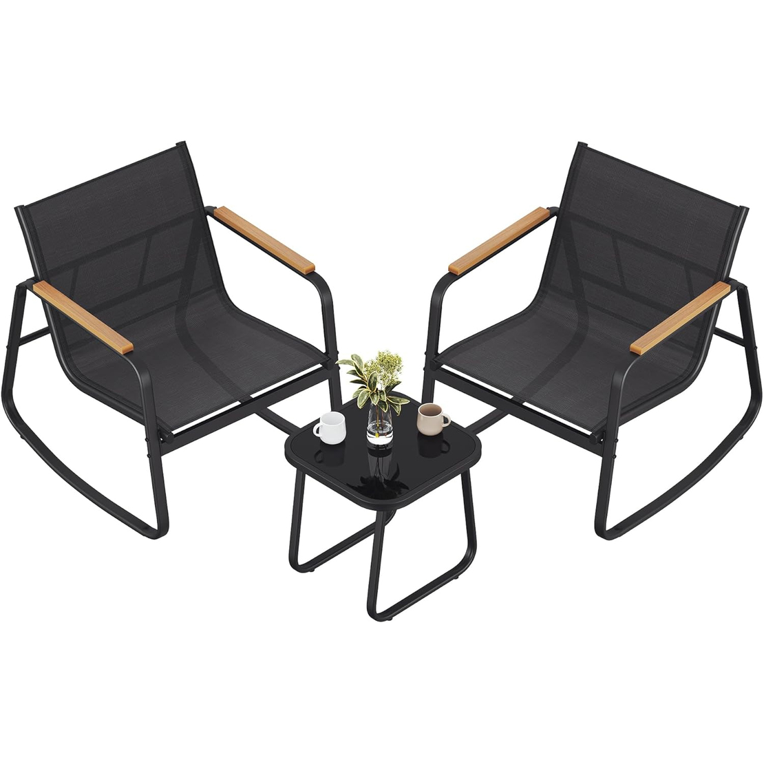 SONGMICS Set mobilier gradina cu 2 scaune balansoar si masa, cadru metalic, negru
