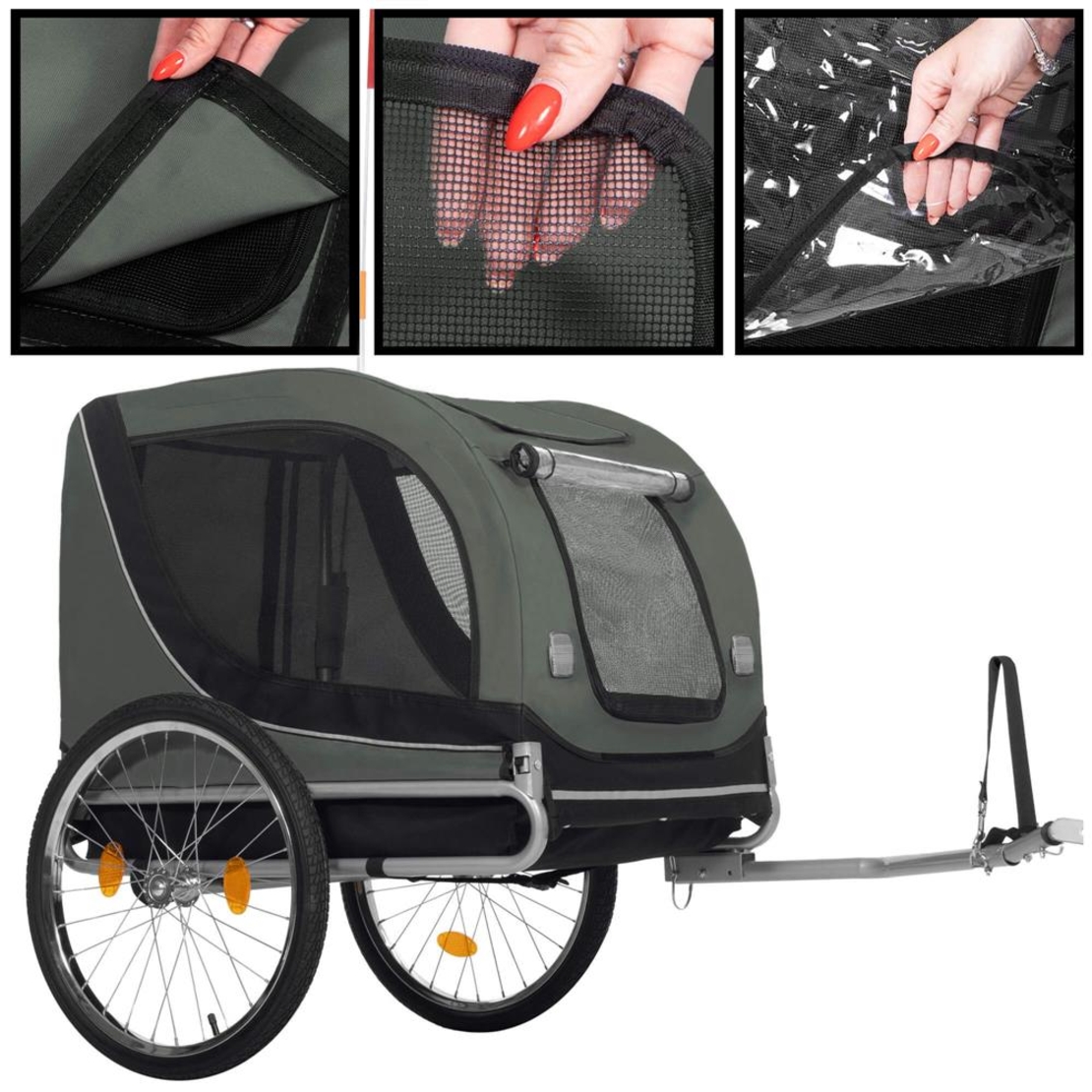 Remorca bicicleta pentru transport animale, cu acoperis impermeabil, maxim 40 kg, verde si negru