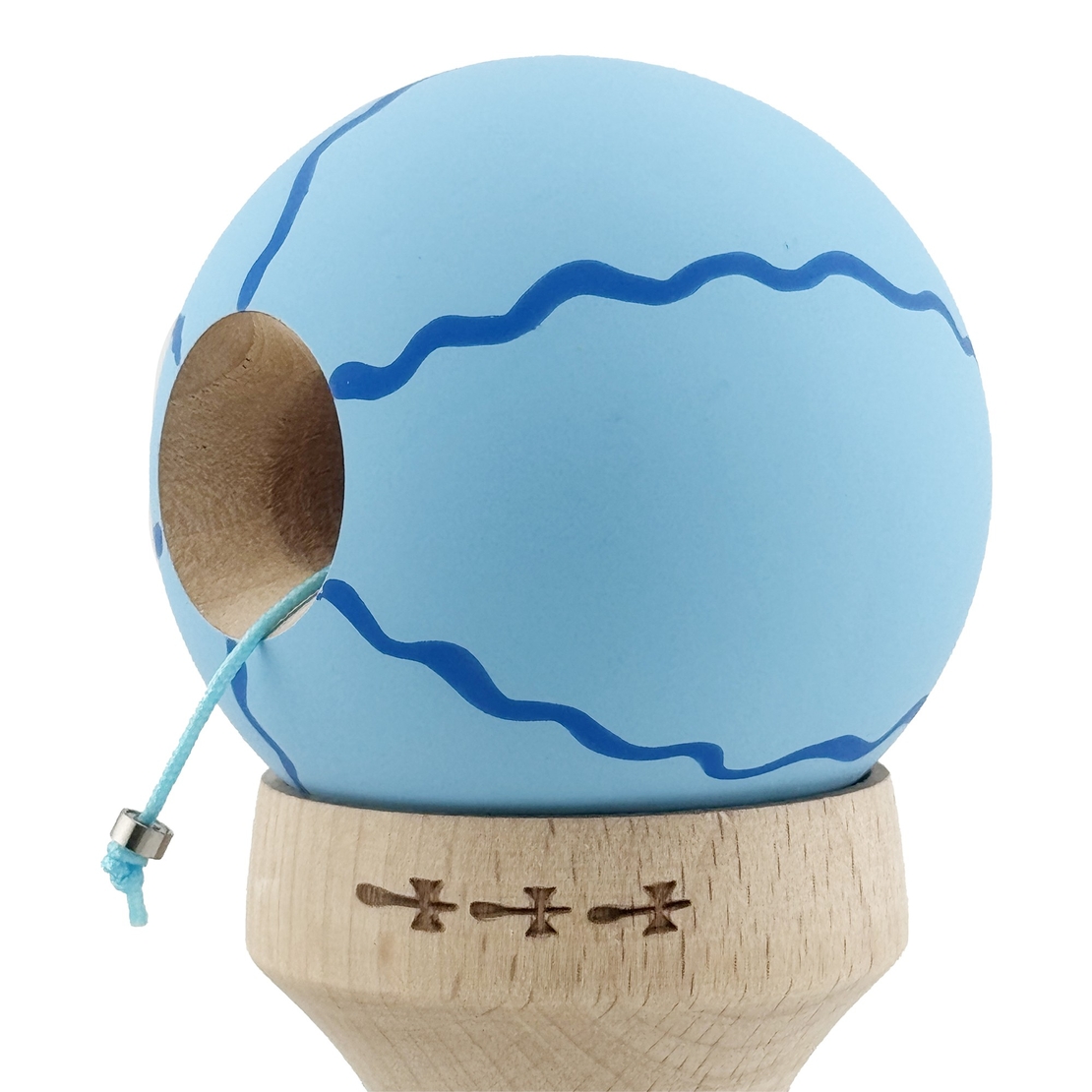 Kendama X Originala, Profesionala, Flippy, Rubber Grip, Cupe Mari KING SIZE V3, Gaura in Baza, Rulment Metalic, din lemn 18 cm, Ata 62/65 cm, Special Albastru deschis