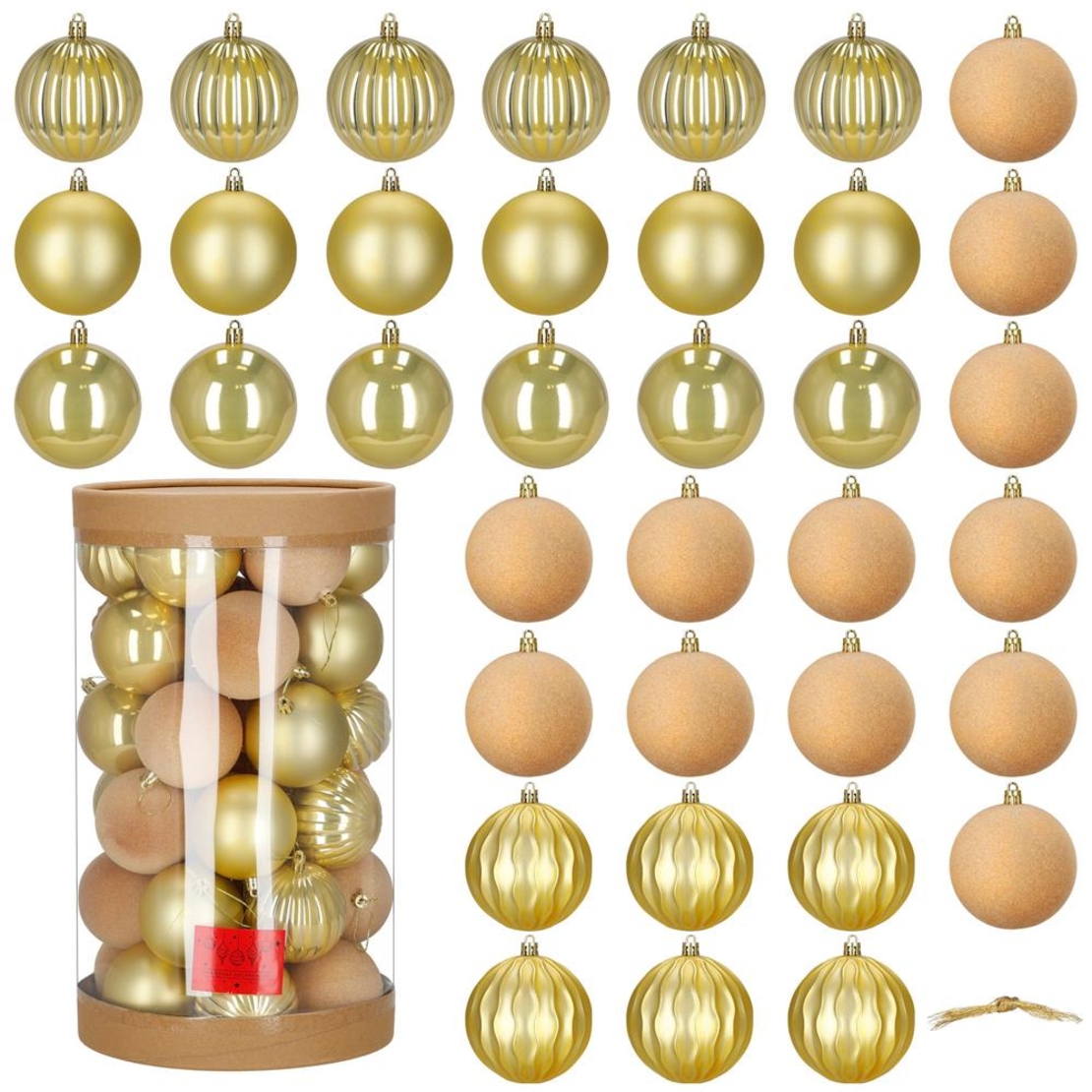 Set globuri decorative, 36 bucati, plastic, 6.5 cm, auriu si ecru