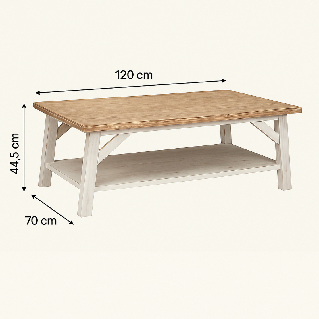 Masuta cafea Atmosphera Olbia cu 2 blaturi, MDF si acacia, 120x70x45 cm, alb