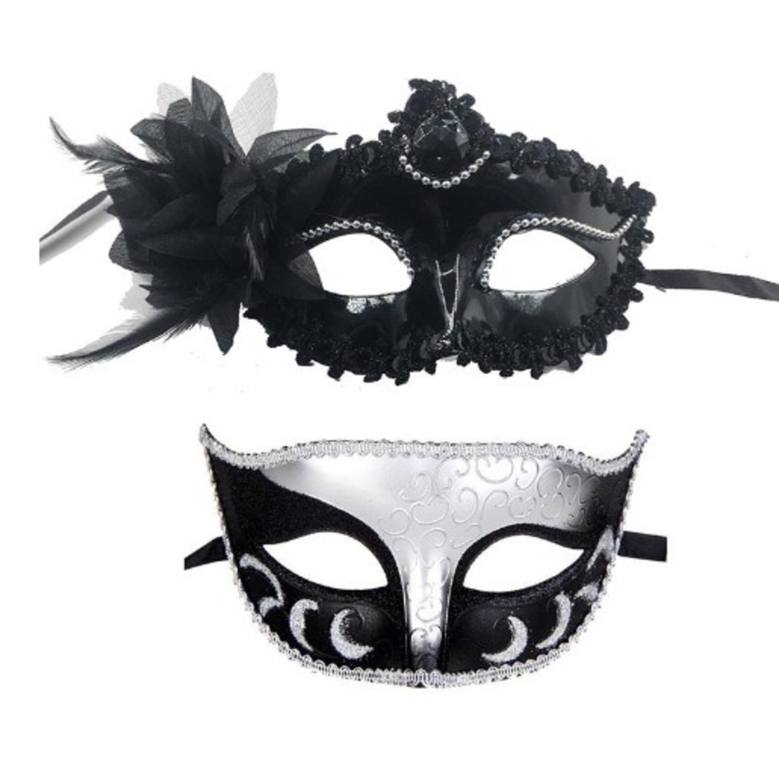 Set 2 Masti de Cuplu, Flippy, pentru Carnaval, Bal Mascat, Marime Universala, Model Floare Laterala si Margele, Model Clasic Fluture, Negru Argintiu