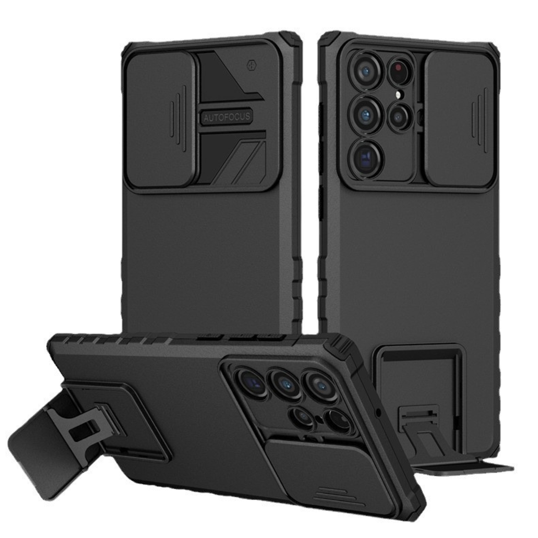 Husa Defender cu Stand pentru Samsung Galaxy S24 FE, Vafy, Suport reglabil, Antisoc, Protectie glisanta pentru camera, Negru