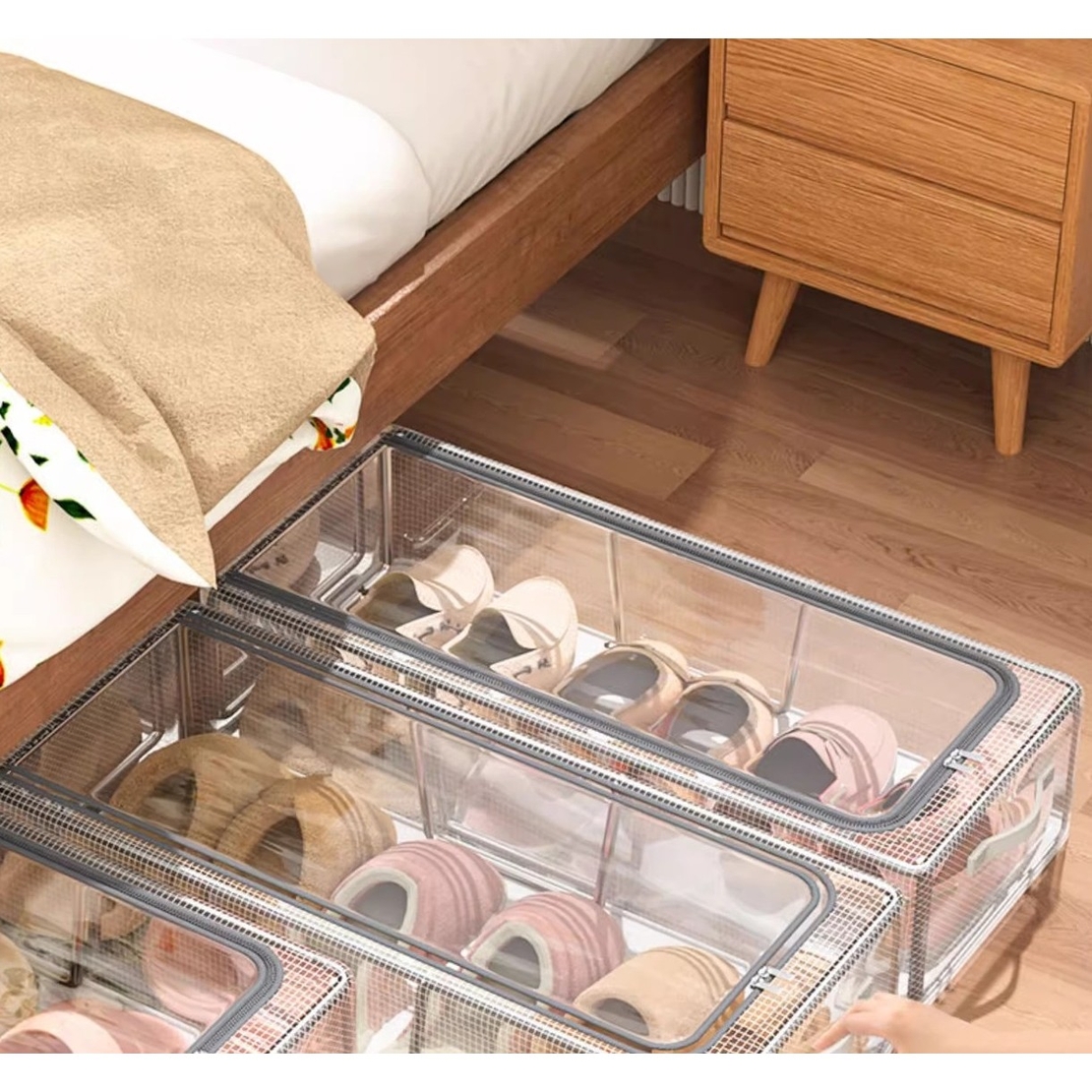 Cutie de Depozitare pentru Pantofi, Flippy, 60x30x21 cm, din Plasa PVC Impermeabila si Cadru de Otel, Pliabila, Fermoar Bidirectional, Transparenta