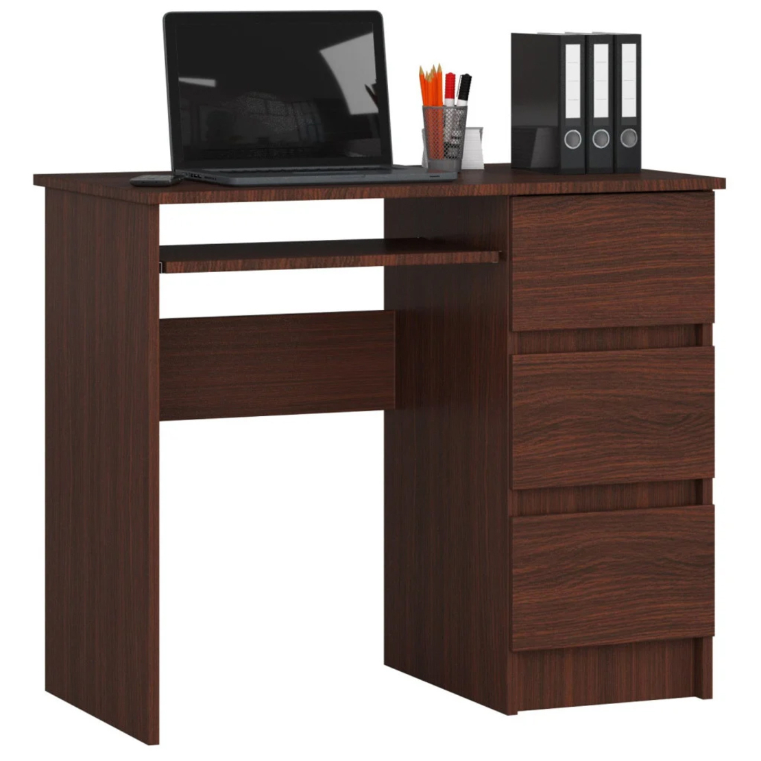 Birou computer cu 3 sertare si raft pentru tastatura, dreapta, 90x50x77 cm, maro wenge