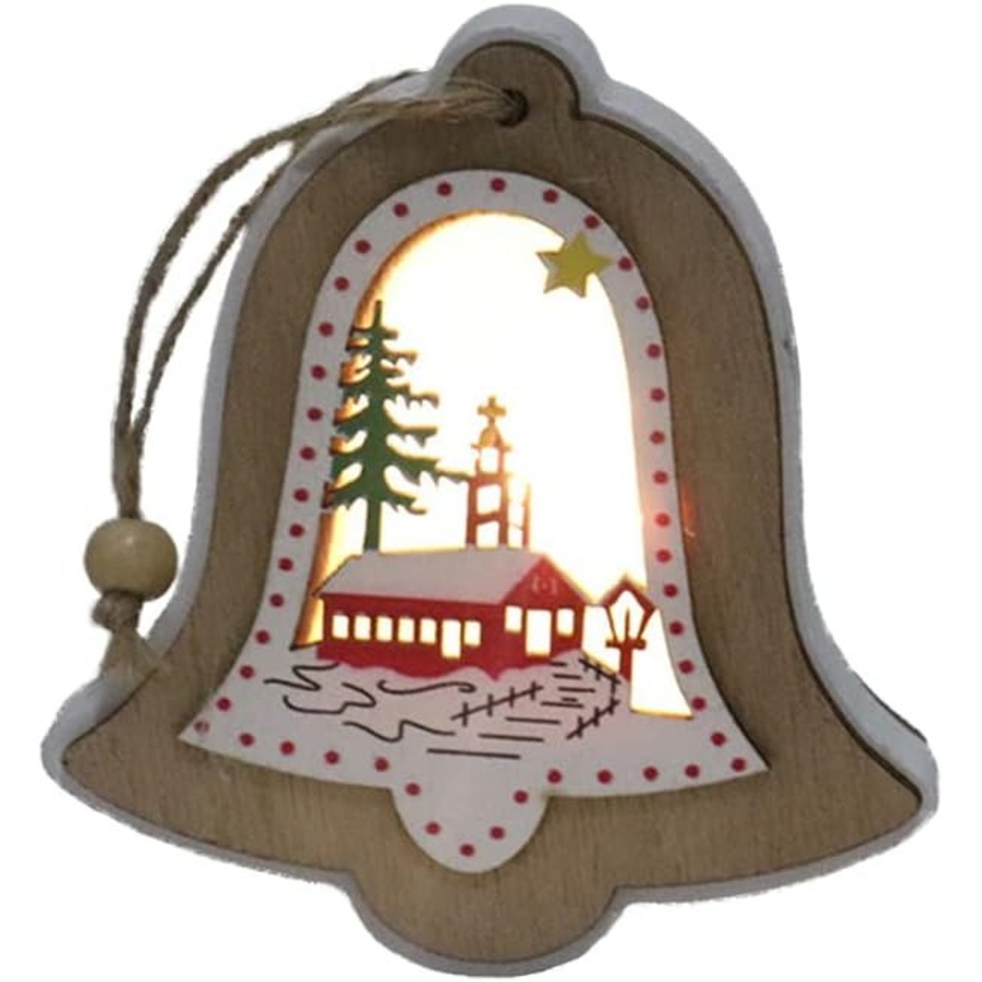 Ornament de Brad, Flippy, cu Lumini LED, din Lemn, Model Clopot, Multicolor