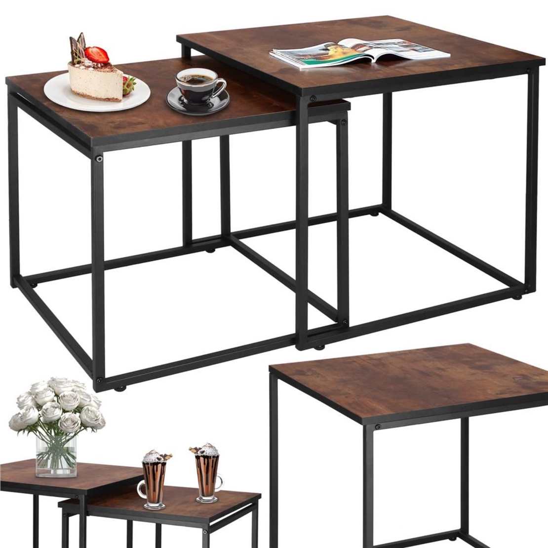 Set 2 mese pentru cafea, cadru otel, stil industrial, 50x50x52 cm si 45x45x47 cm, maro