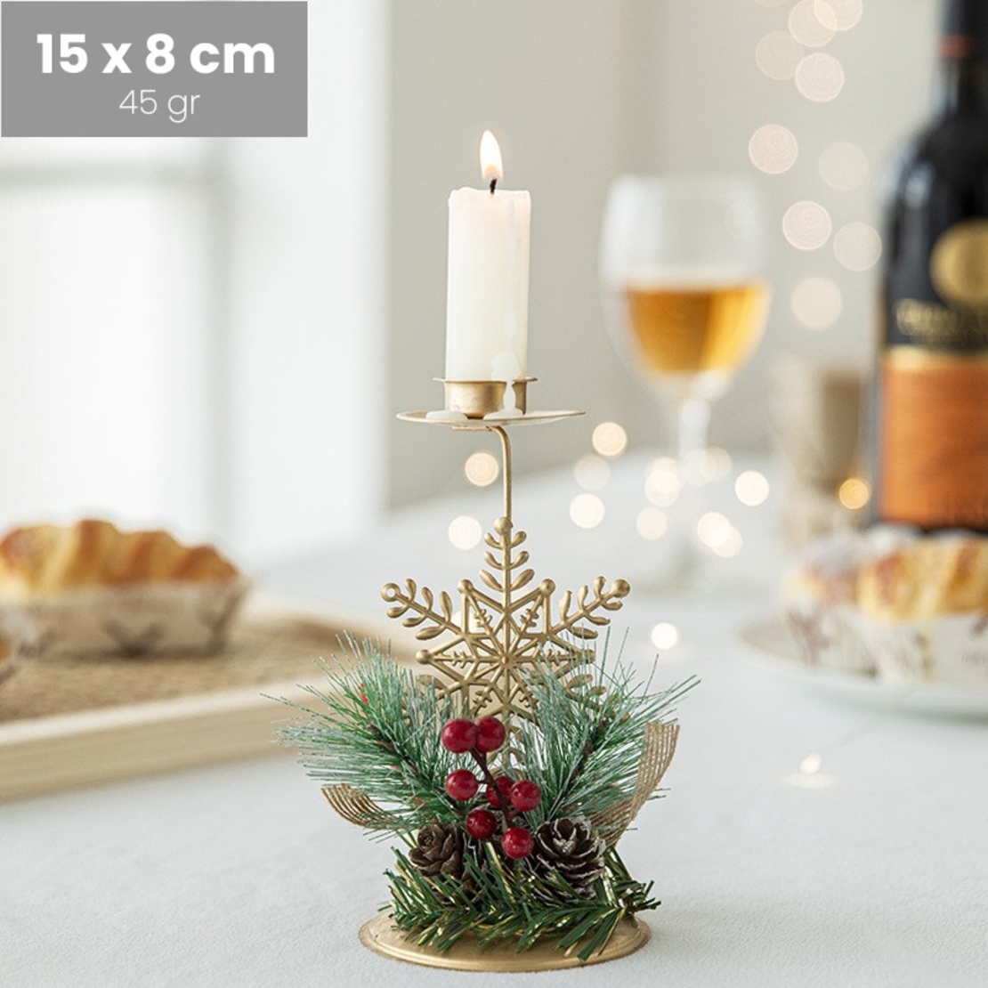 Suport Decorativ pentru Lumanare de Craciun, Flippy, Ornament pentru Lumanare, Model Fulg de Nea Auriu cu Crengute de Brad, din Art Metal, pentru Masa, fara Lumanare, 15 x 8 cm, Auriu