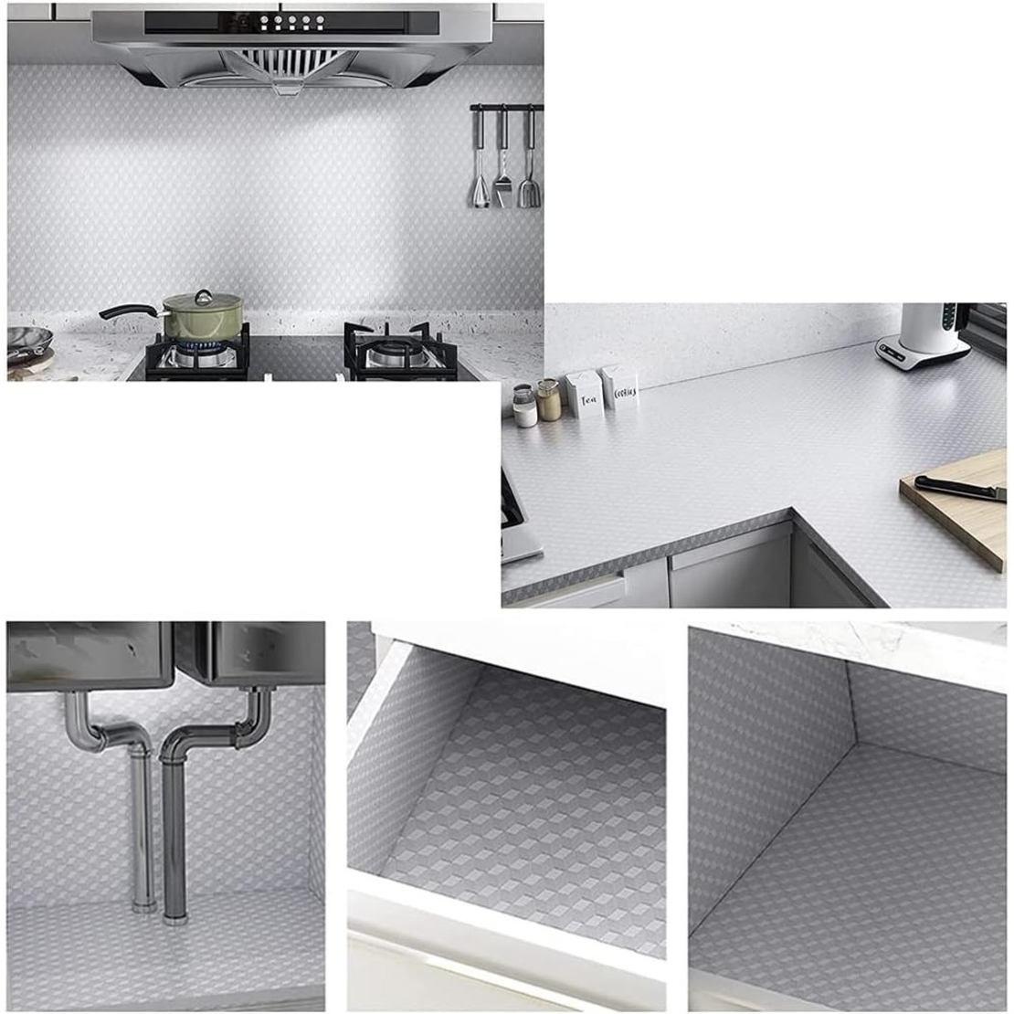 Autocolant de Bucatarie, Flippy, Autoadeziv, Impermeabil, Rezistent la Temperaturi Ridicate, din PVC, 40 x 300 cm, Model Cub 3D, Argintiu