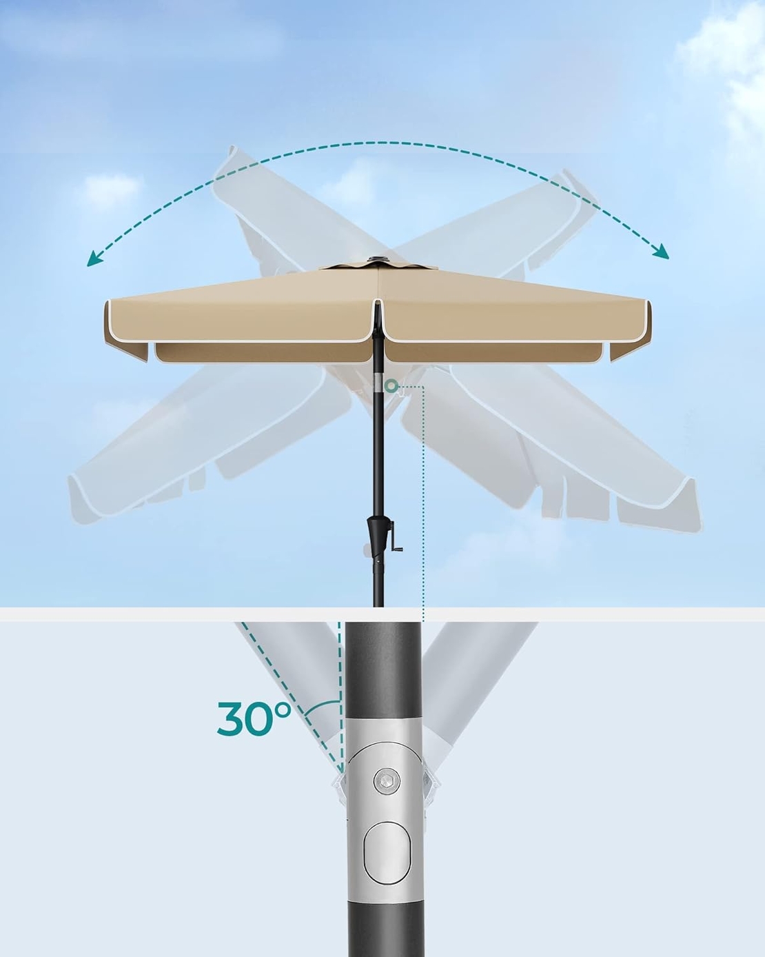 SONGMICS Umbrela de gradina cu manivela, 200x150 cm, UPF 50+, inclinare 30°, structura metalica, maro taupe