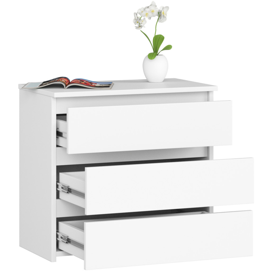 Noptiera cu 3 sertare, PAL laminat 16 mm, 60x35x57 cm, alb