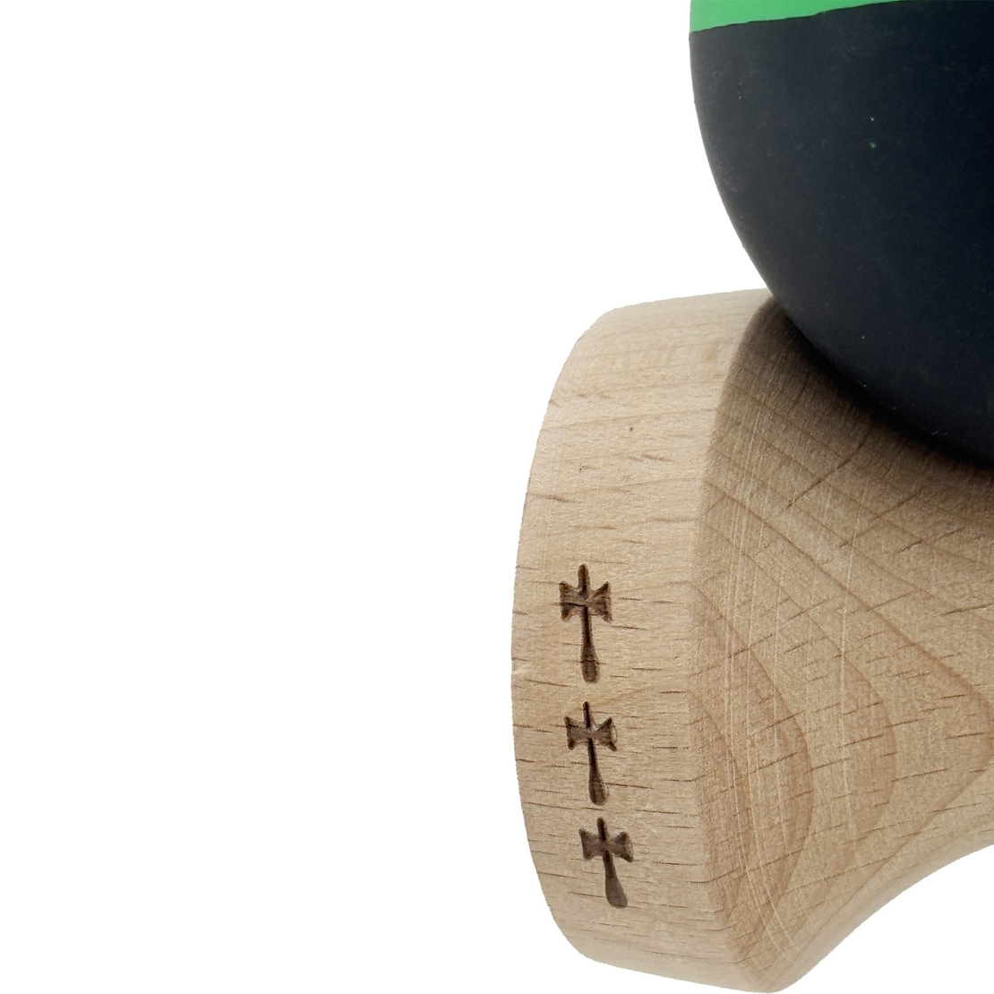 Kendama X Originala, Profesionala, Flippy, Cupe Mari KING SIZE V3, Rubber Grip, Gaura in Baza, Rulment Metalic, din lemn 18 cm, Ata 62/65 cm, Bicolor Verde/Negru