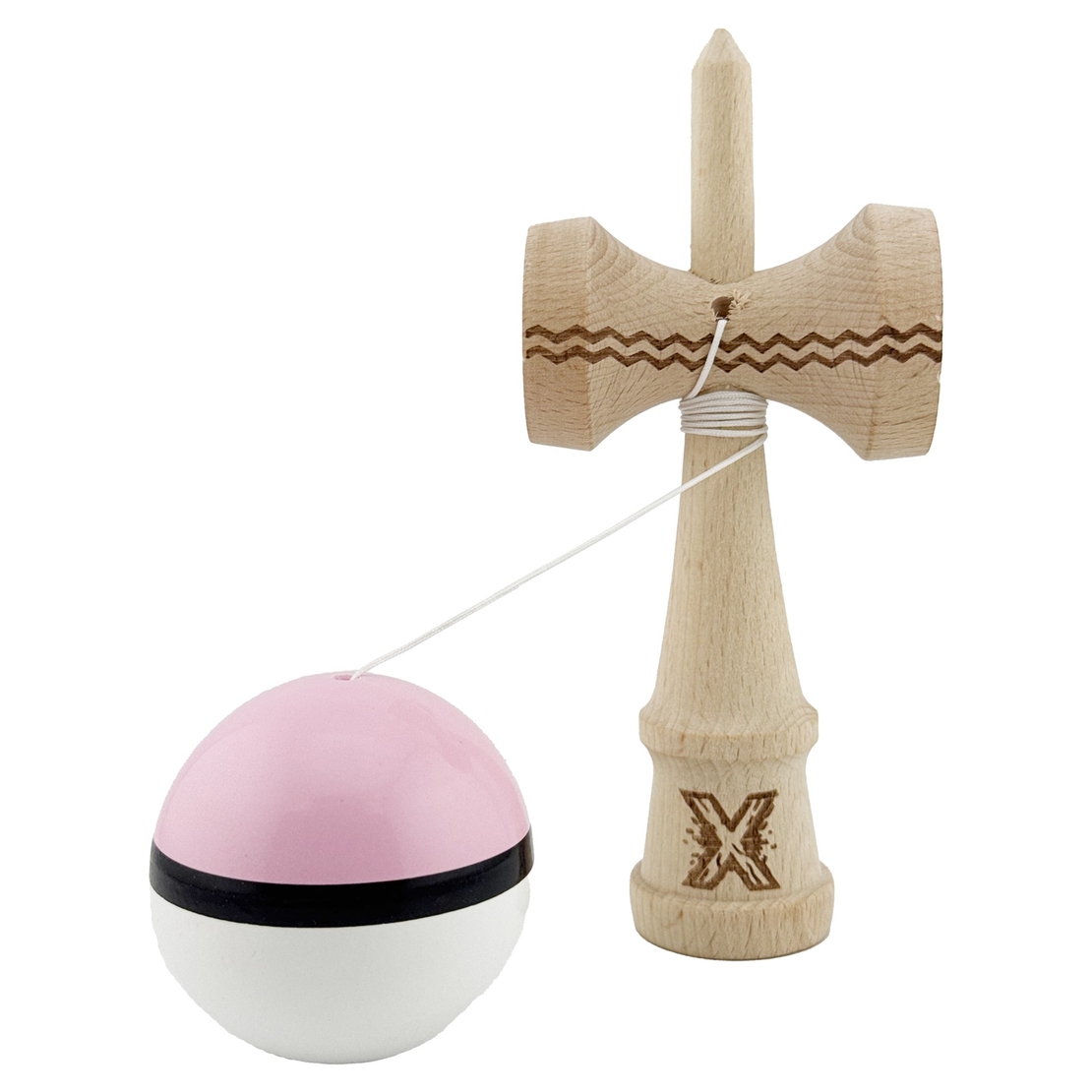Kendama X Originala, Profesionala, Flippy, Gravata cu Cupe Mari V2, Super Sticky, Gaura in Baza, Rulment Metalic, din lemn 18 cm, Ata 55 cm, Roz/Negru/Alb