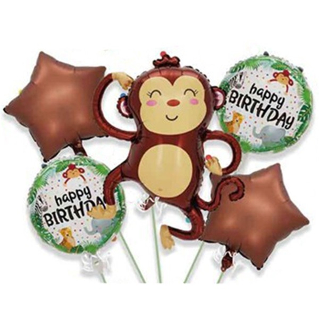 Baloane pentru aniversare, Flippy, tematica Happy Birthday, set 5 baloane, 1 Maimuta 85 x 89 cm, 2 Stele, 2 Rotunde, din folie de aluminiu, pai de carton inclus, Maro