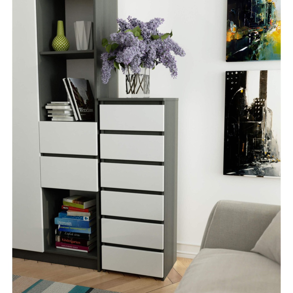 Comoda cu 6 sertare, PAL laminat 16 mm, 40x35x109 cm, gri si alb