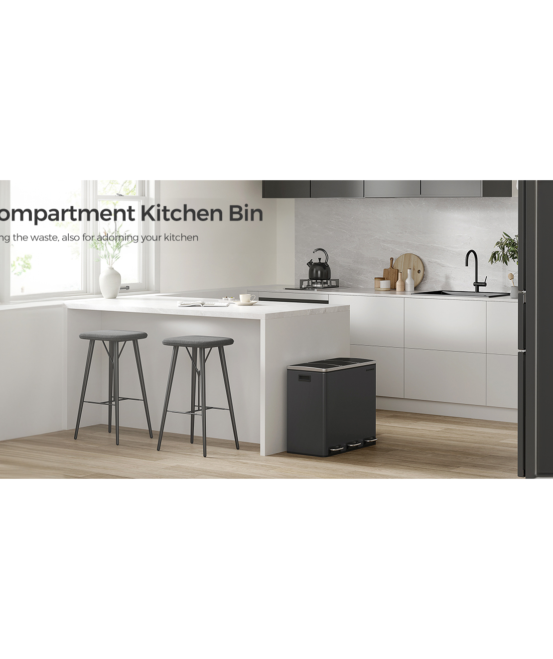 SONGMICS Cos de gunoi din inox cu 3 compartimente colectare selectiva, cu galeti interioare, 3x18litri, negru