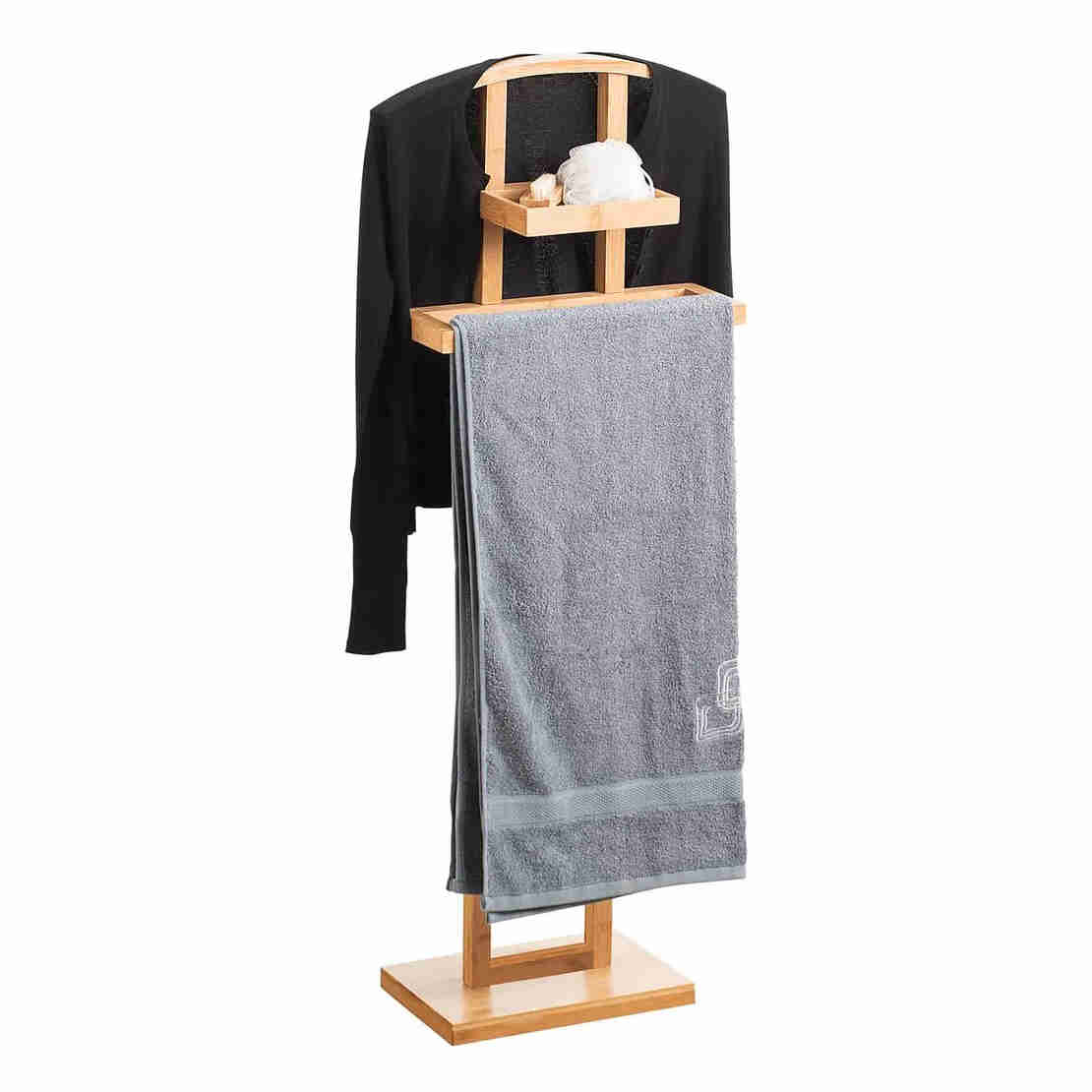 Suport haine si prosoape 5Five Velvy cu bara si etajera de depozitare, bambus, 44x22x113 cm, maro