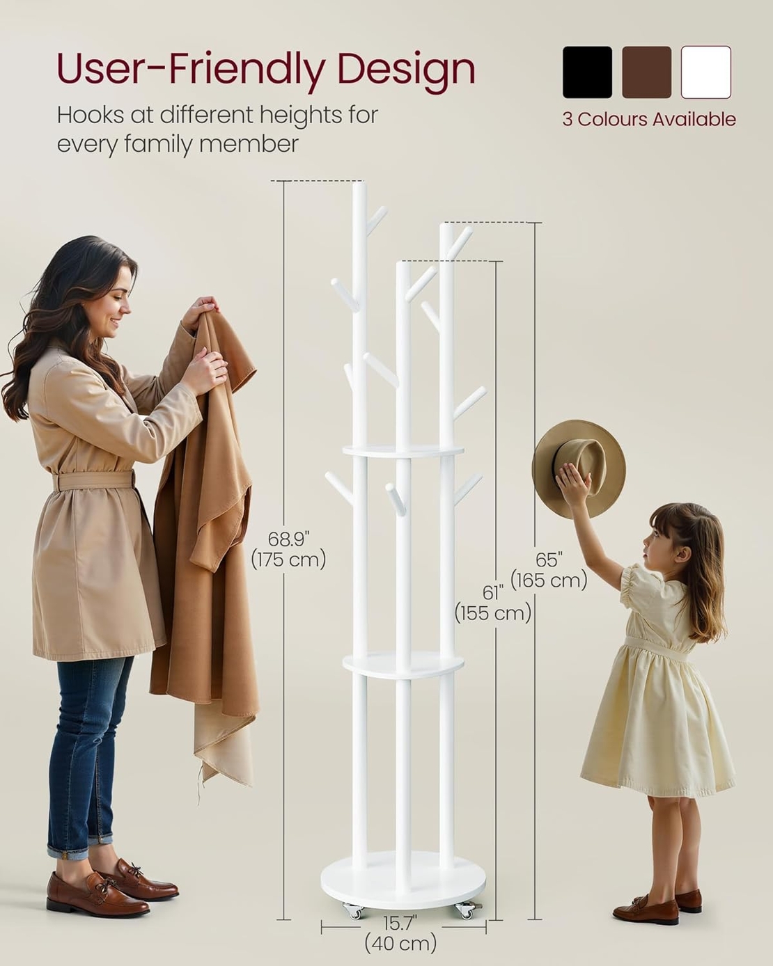 VASAGLE Cuier din lemn masiv, cu 11 agatatori si 3 rafturi, 4 roti detasabile rotative 360°, 40x40x175 cm, alb