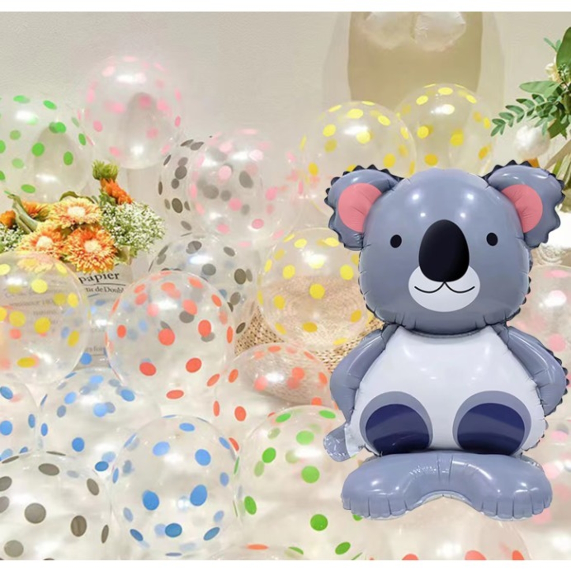 Balon din Folie Metalizata, Vafy, Mini Figurine Animalute, Model Koala, Tematica Aniversare, 38x58 cm, Ambalaj Individual, Pai Inclus, Umflare cu Aer sau Heliu, Multicolor