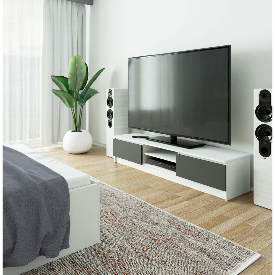 Comoda TV cu 2 usi si rafturi centrale, PAL laminat, 160x40x33 cm, alb si gri