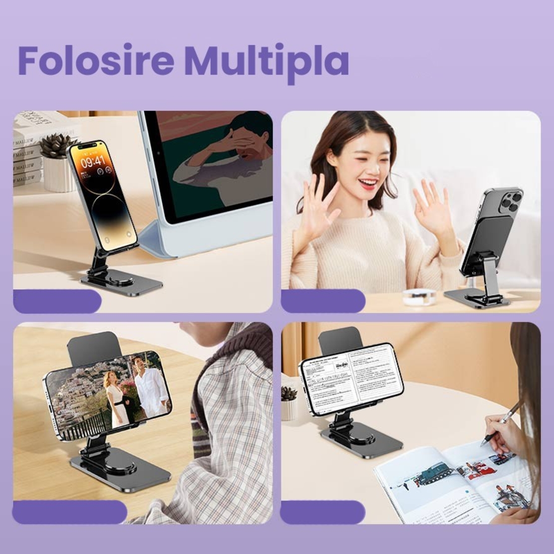 Suport pentru Telefon, Flippy, Suport Pliabil pentru Streaming, din Aliaj de Aluminiu, Compatibil cu Tableta, pentru Birou, 14.6 x 11.5 x 7 cm, Space Grey
