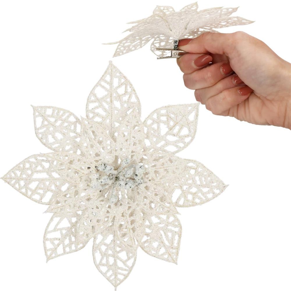 Set 10 ornamente pentru bradul de Craciun, stea Poinsettia, 14cm, alb cu sclipici
