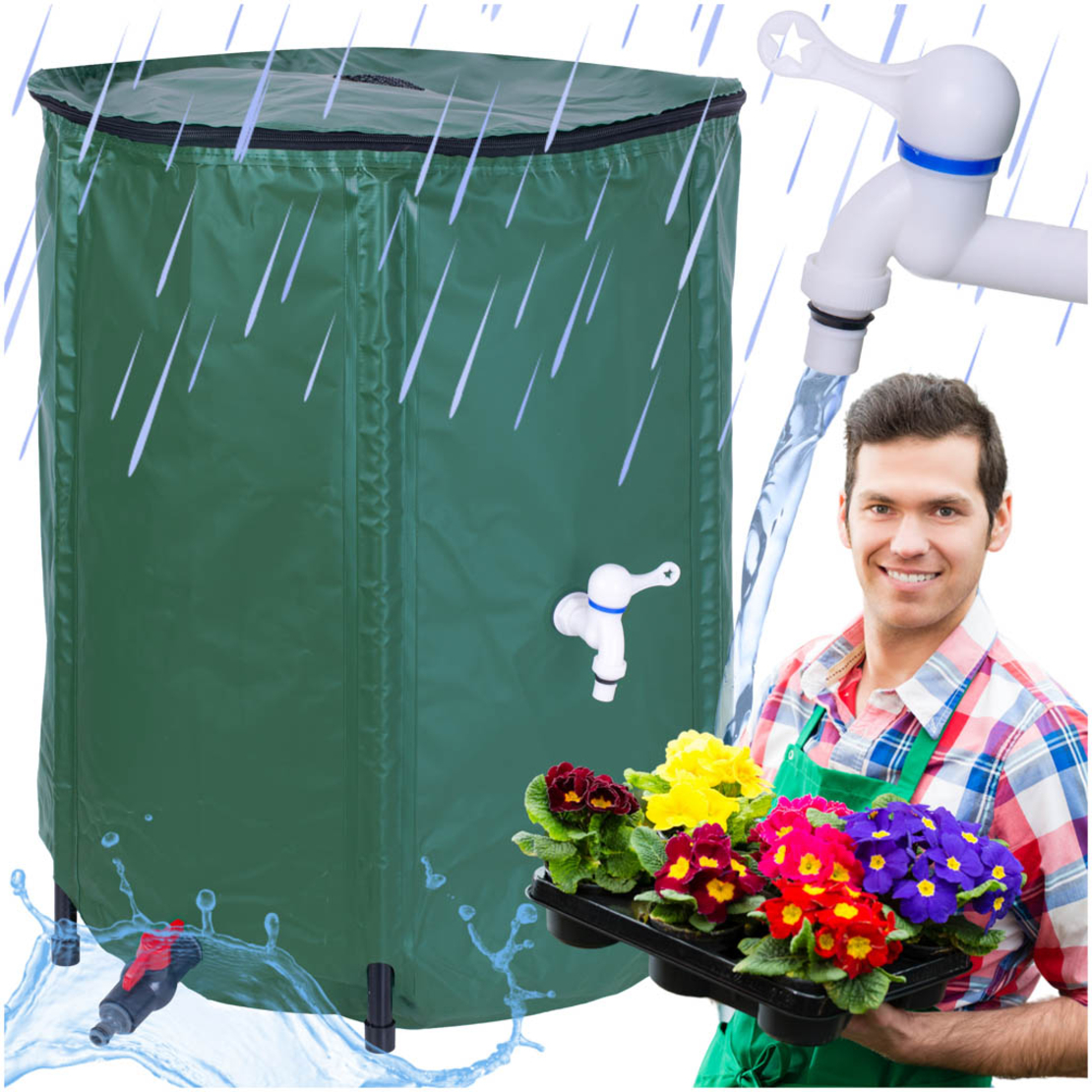 Rezervor pliabil pentru apa pluviala cu robinet, capac si structura PVC, 200 litri, 70x55x55 cm, verde